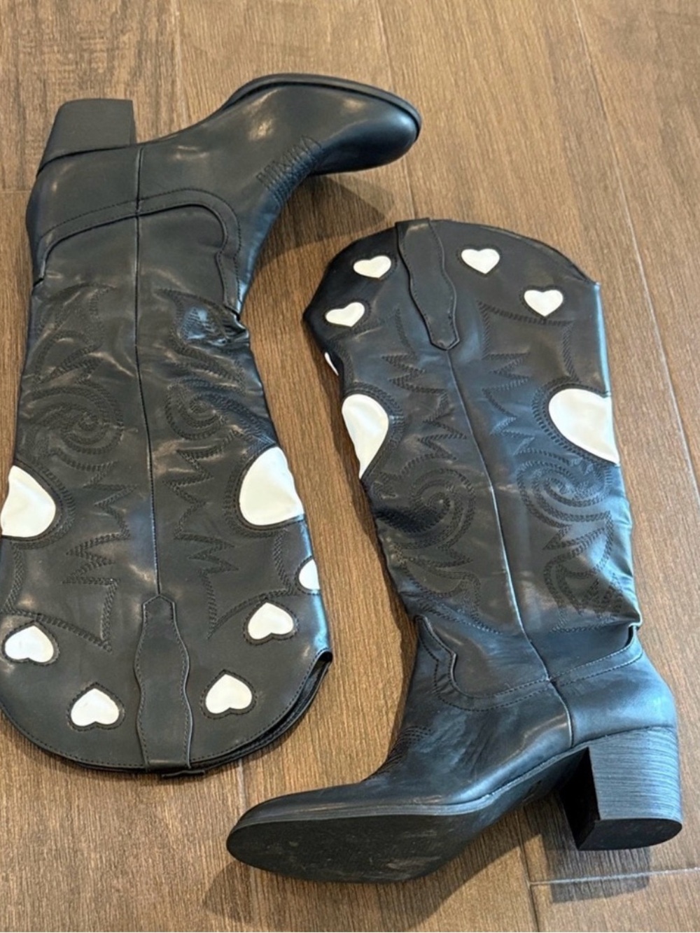 Black Leather Knee-High Boots with White Heart Accents